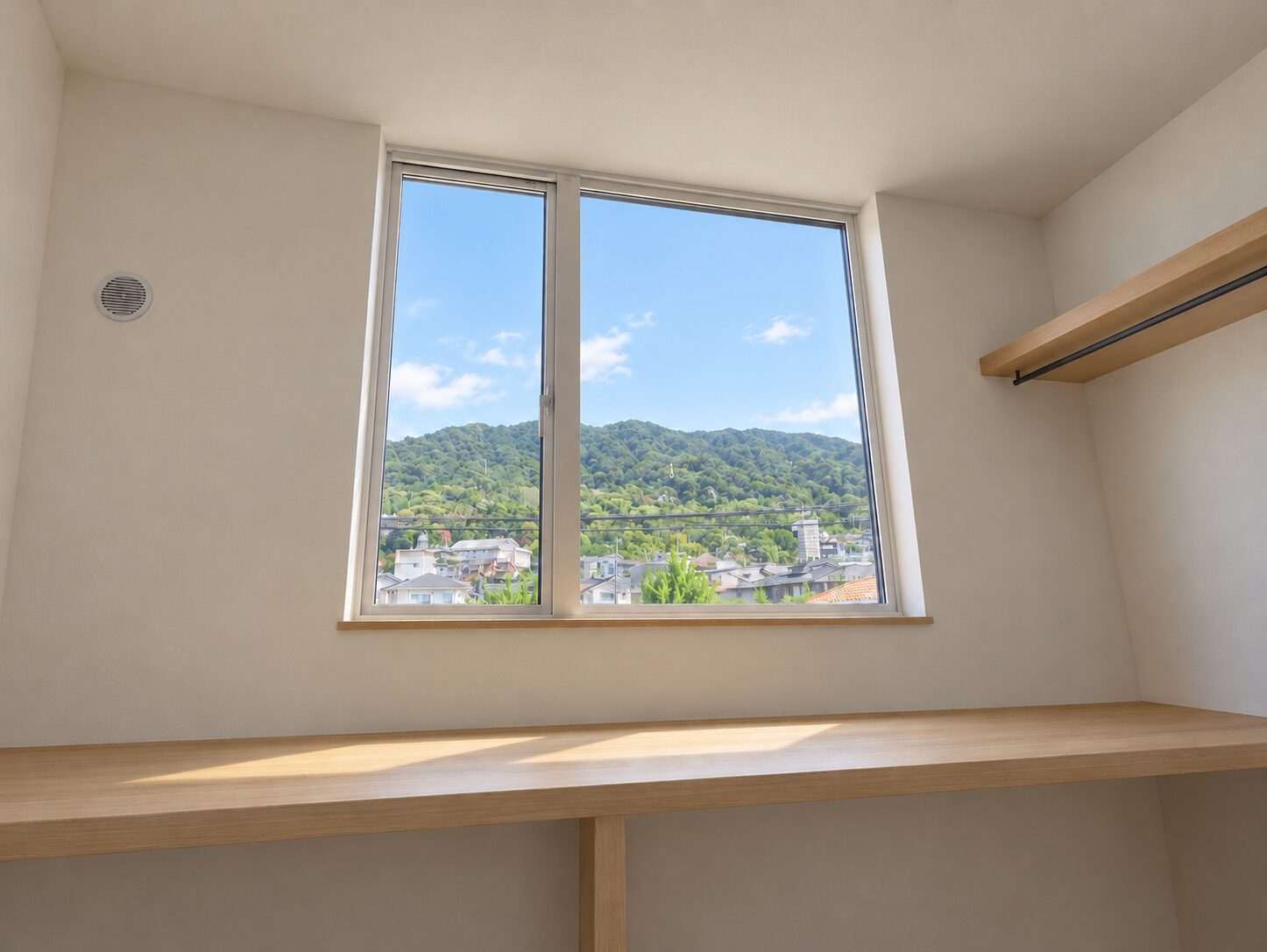 窓辺の造作カウンターと生駒山の眺めの完成イメージ